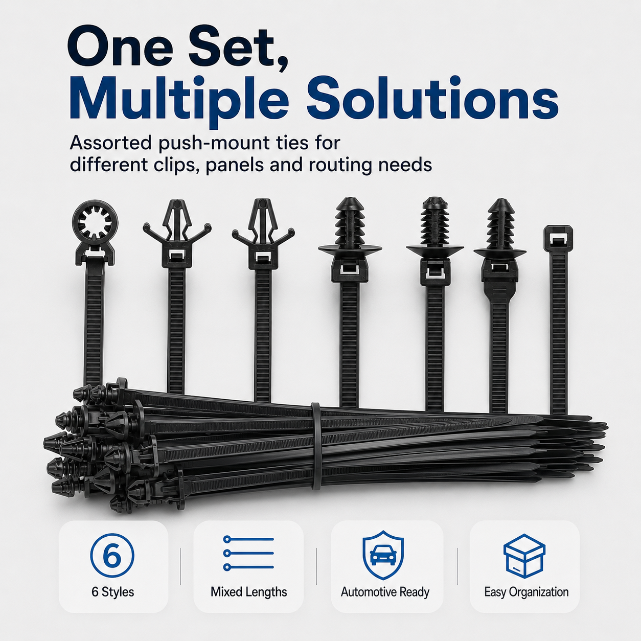 Five sizes of nylon automotive cable ties