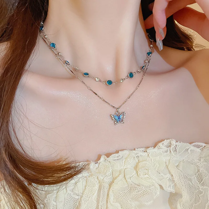 2025 New Jewelry Crystal Blue Butterfly Pendant Necklace