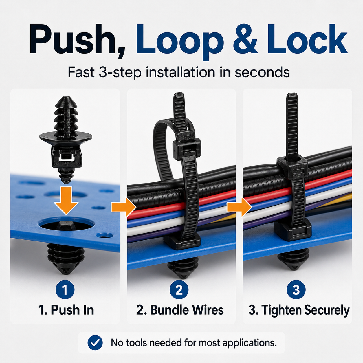 Push-mount automotive cable tie installation