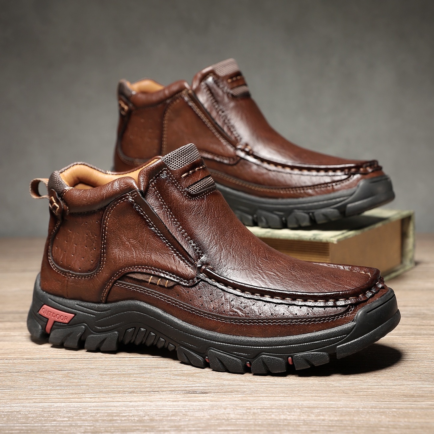 TREADVALE®Men’s Outdoor Hand Sewn Slip-On Full Grain Leather Boots