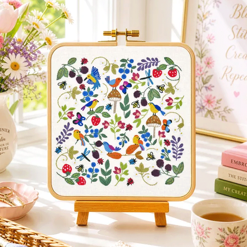🌿 Birds, Insects, and Berries Hand Embroidery Kit