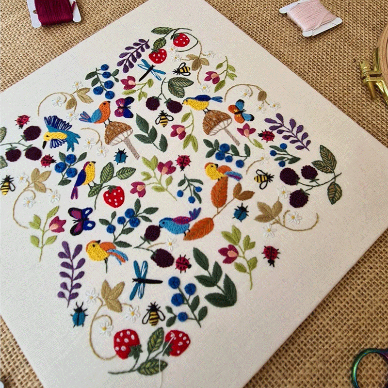 🌿 Birds, Insects, and Berries Hand Embroidery Kit