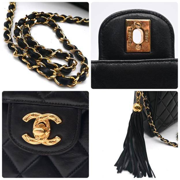 Chanel chain shoulder bag in black lambskin with turnlock strap