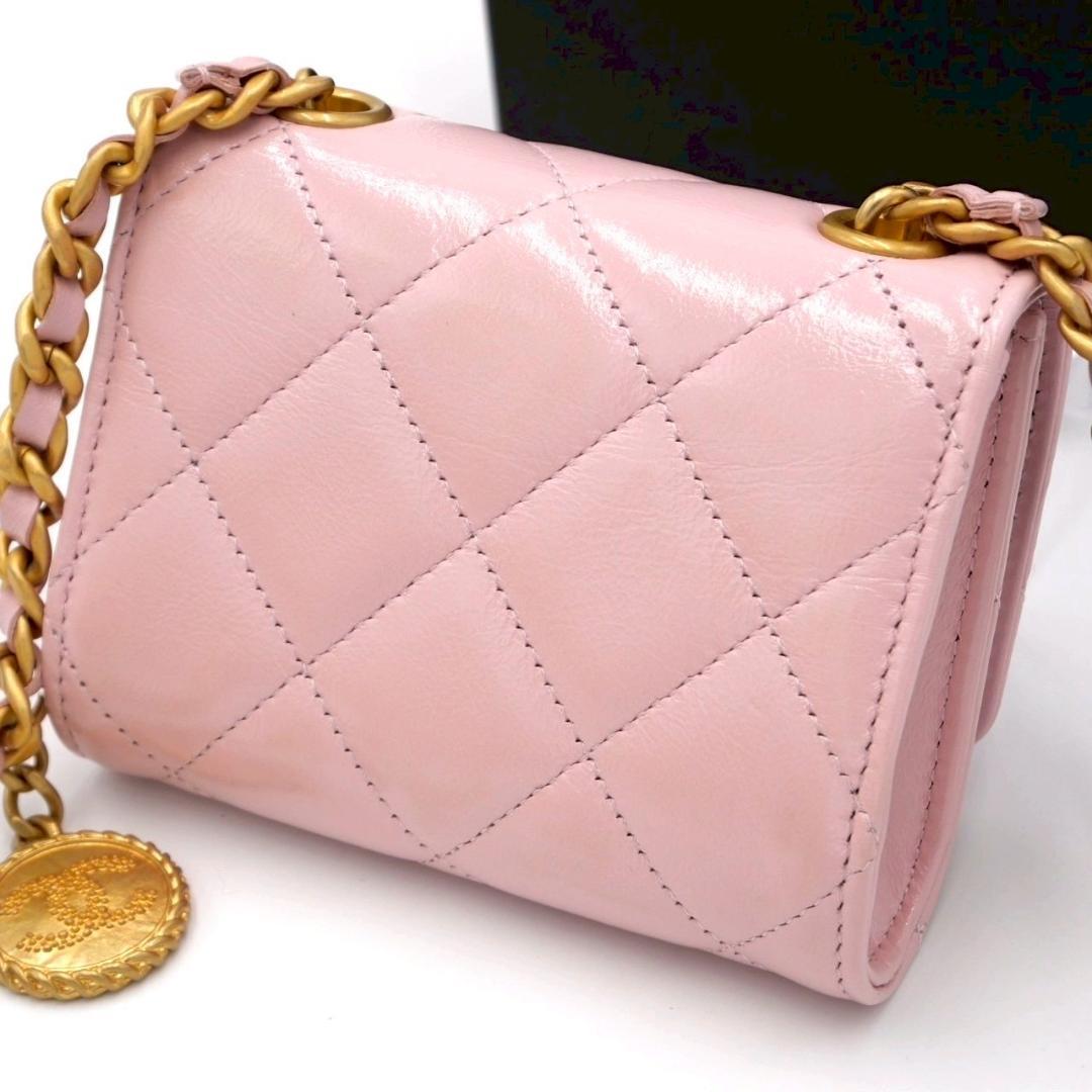 Chanel Chain Shoulder Bag Pink Calfskin Pouch Matelasse Gold