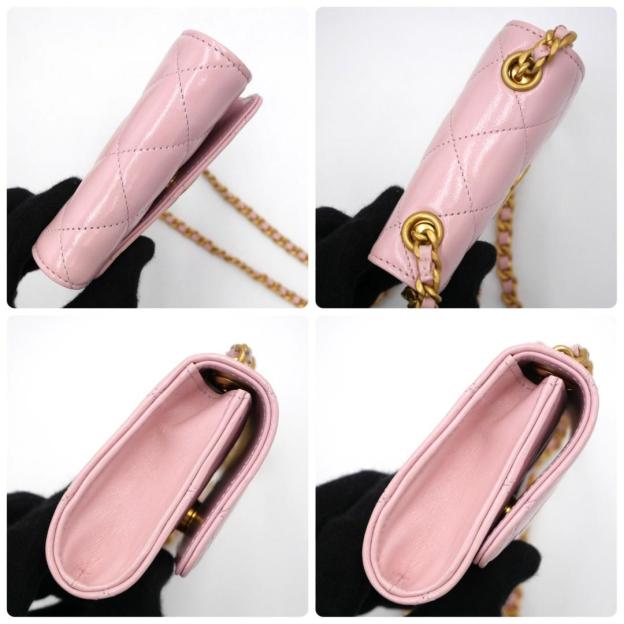 Chanel Chain Shoulder Bag Pink Calfskin Pouch Matelasse Gold