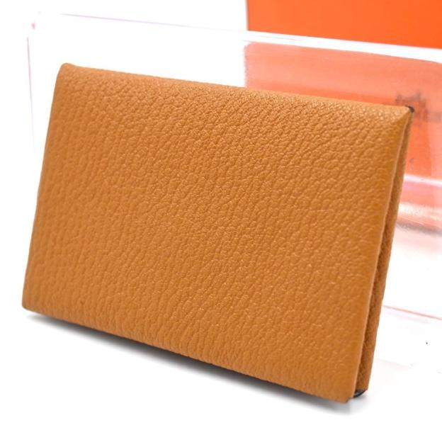 [Rare color] Hermes Calvi Chevre coin case gold brown