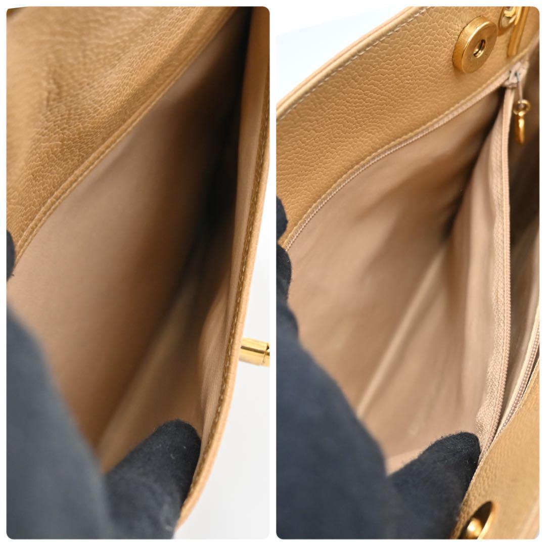 CHANEL Caviar Skin Shoulder Bag Beige Turnlock CHANEL