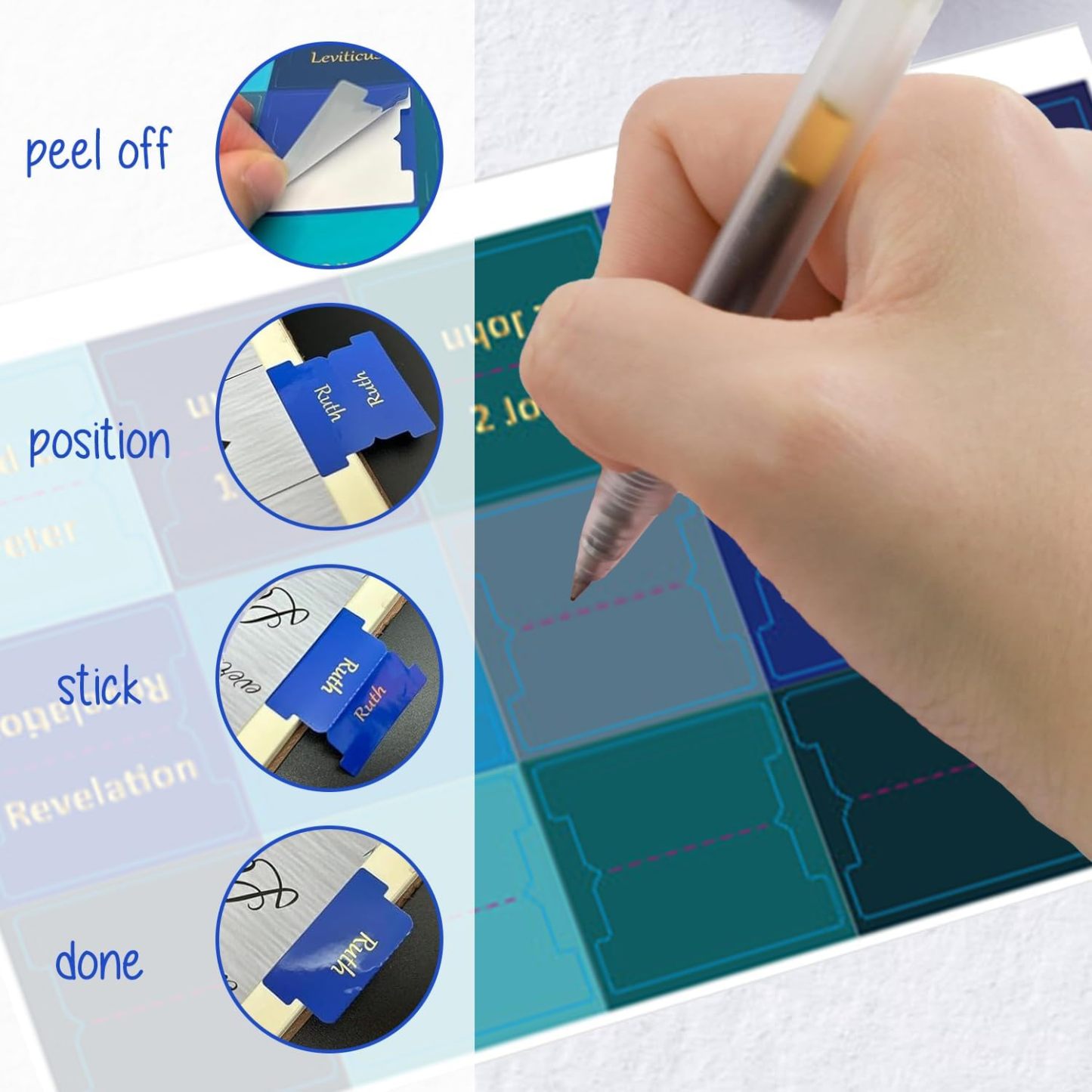 Gold Stamp Bible Tabs Set | Color - Printed Glasine Tabs for Old & New Testament Study