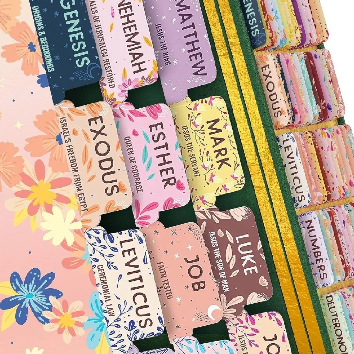 Gold Floral Bible Tabs for Women –  Large Print Bibles – 66 Peel-and-Stick Bible Index Tabs