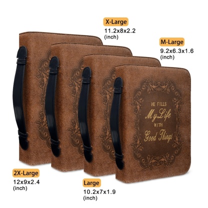 X Large Leather Bible Cover - Engraved He Fills My Life with Good Things (Psalm 103:5)