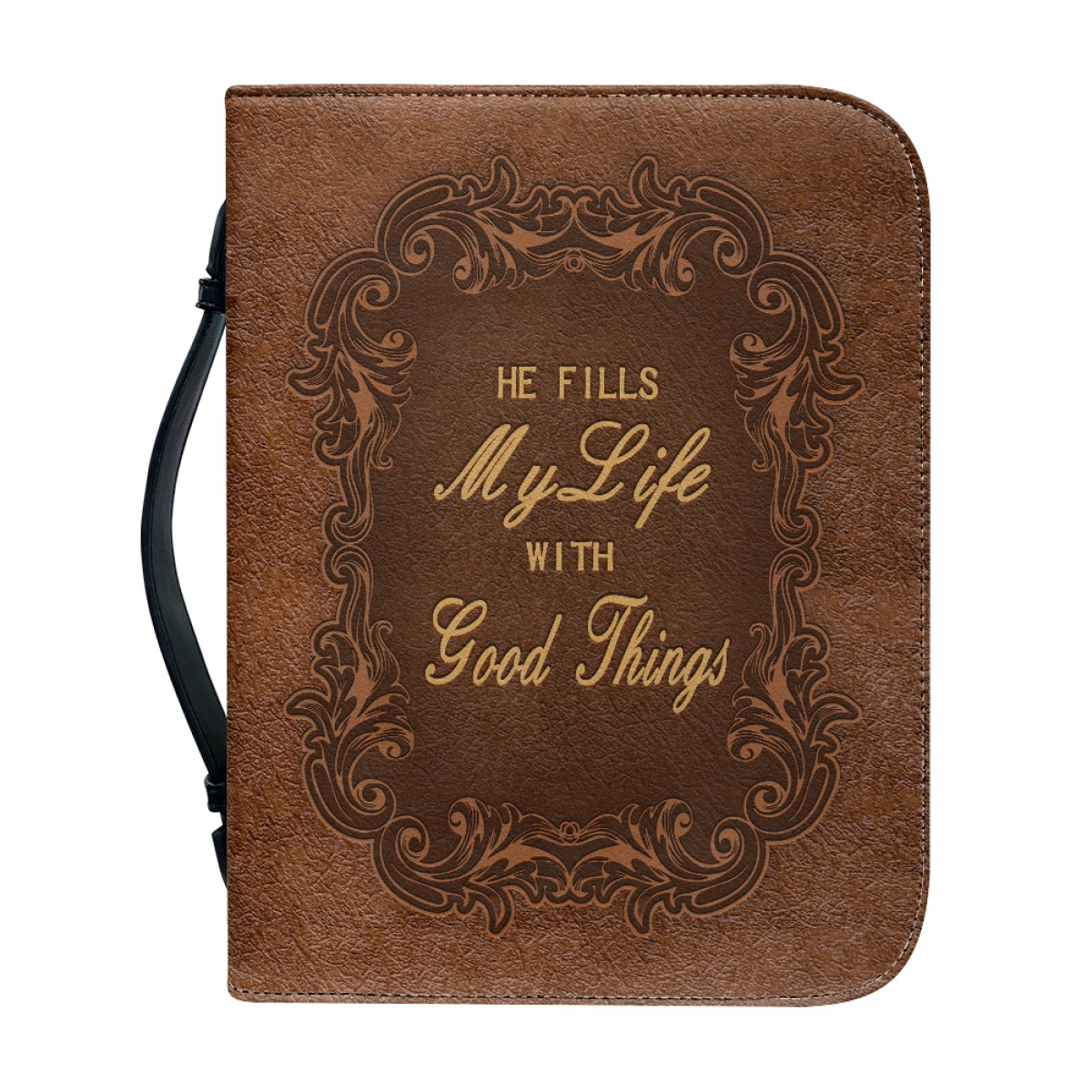 X Large Leather Bible Cover - Engraved He Fills My Life with Good Things (Psalm 103:5)