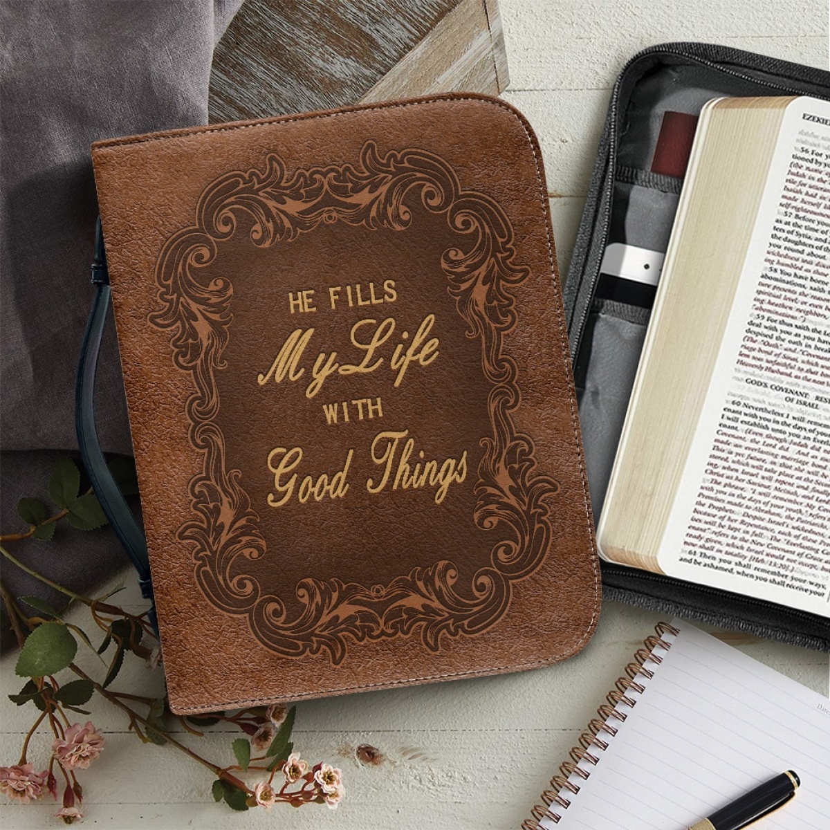 X Large Leather Bible Cover - Engraved He Fills My Life with Good Things (Psalm 103:5)