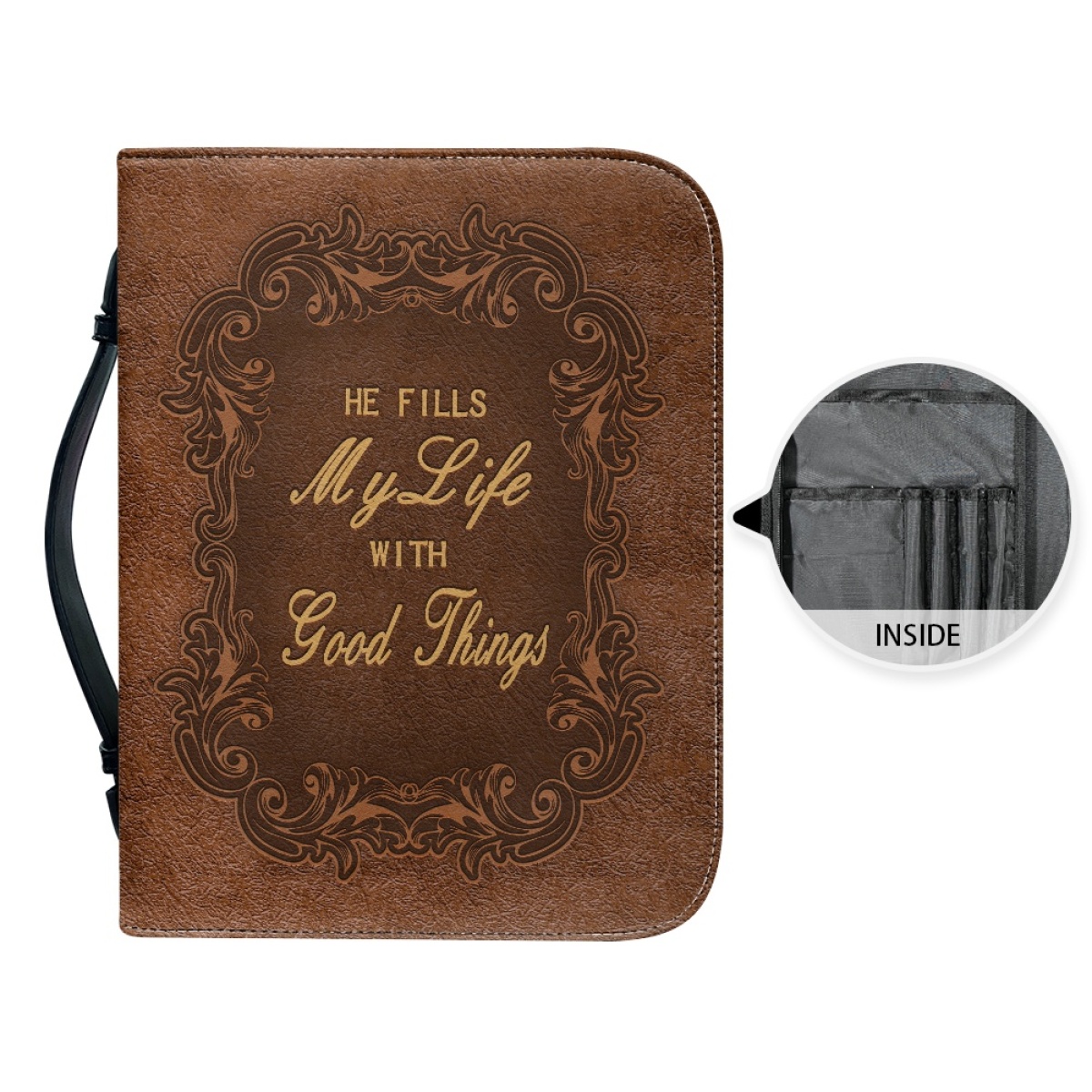 X Large Leather Bible Cover - Engraved He Fills My Life with Good Things (Psalm 103:5)