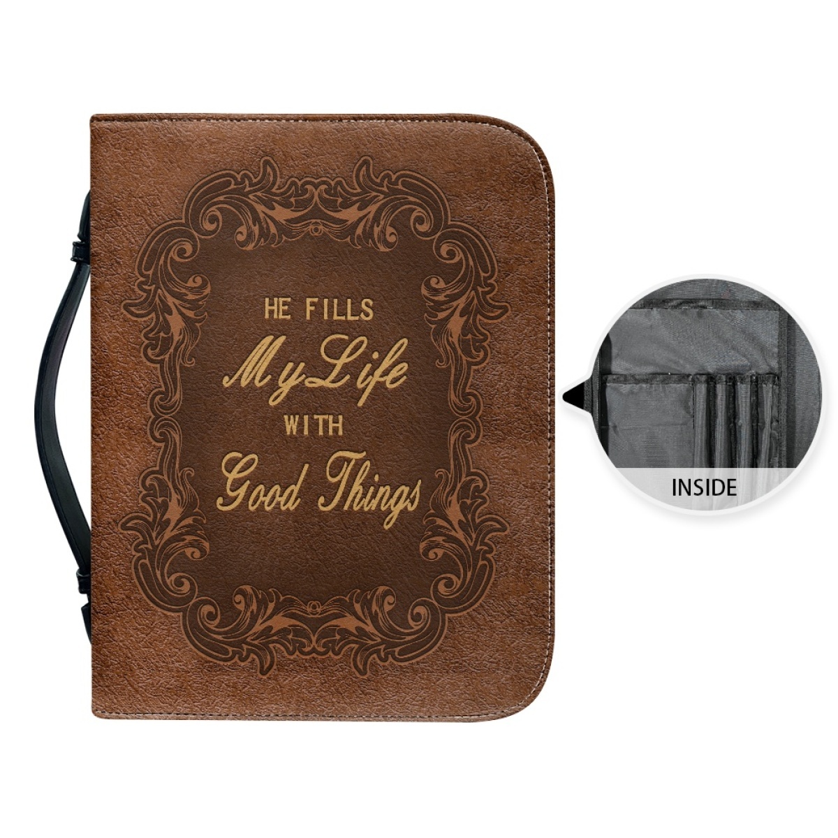 X Large Leather Bible Cover - Engraved He Fills My Life with Good Things (Psalm 103:5)