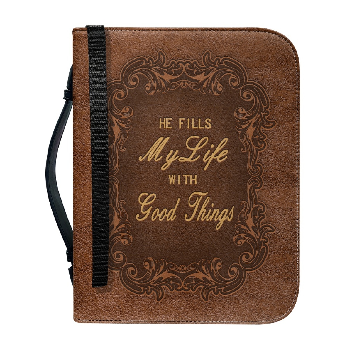 X Large Leather Bible Cover - Engraved He Fills My Life with Good Things (Psalm 103:5)