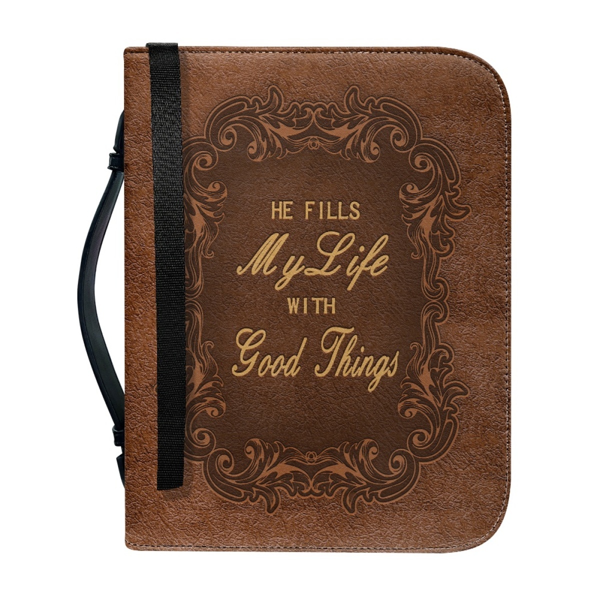 X Large Leather Bible Cover - Engraved He Fills My Life with Good Things (Psalm 103:5)