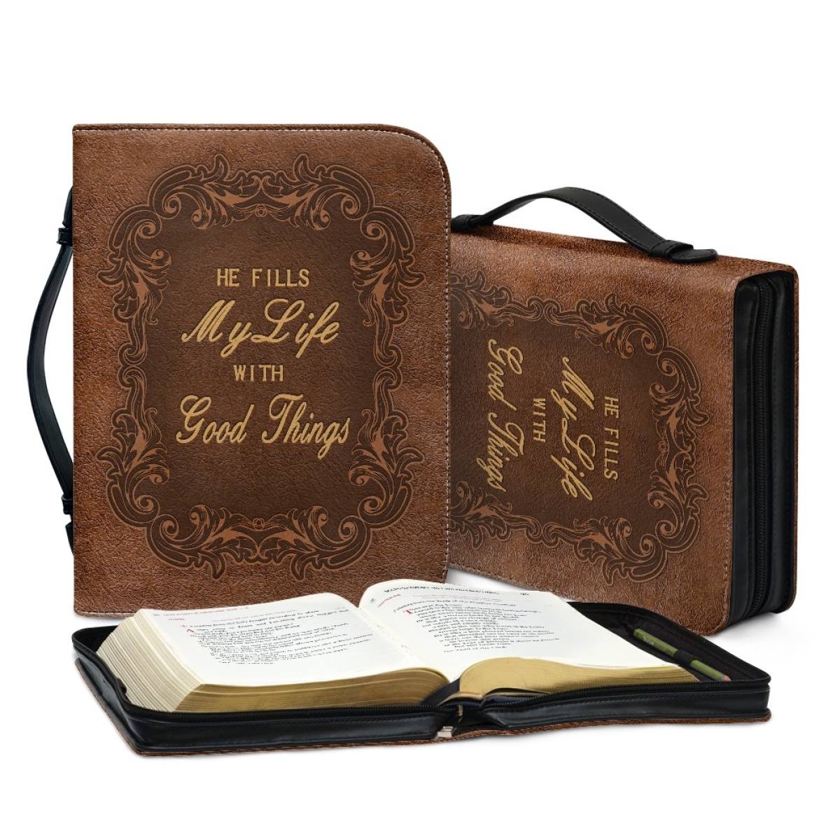 X Large Leather Bible Cover - Engraved He Fills My Life with Good Things (Psalm 103:5)