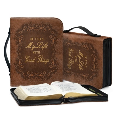 X Large Leather Bible Cover - Engraved He Fills My Life with Good Things (Psalm 103:5)