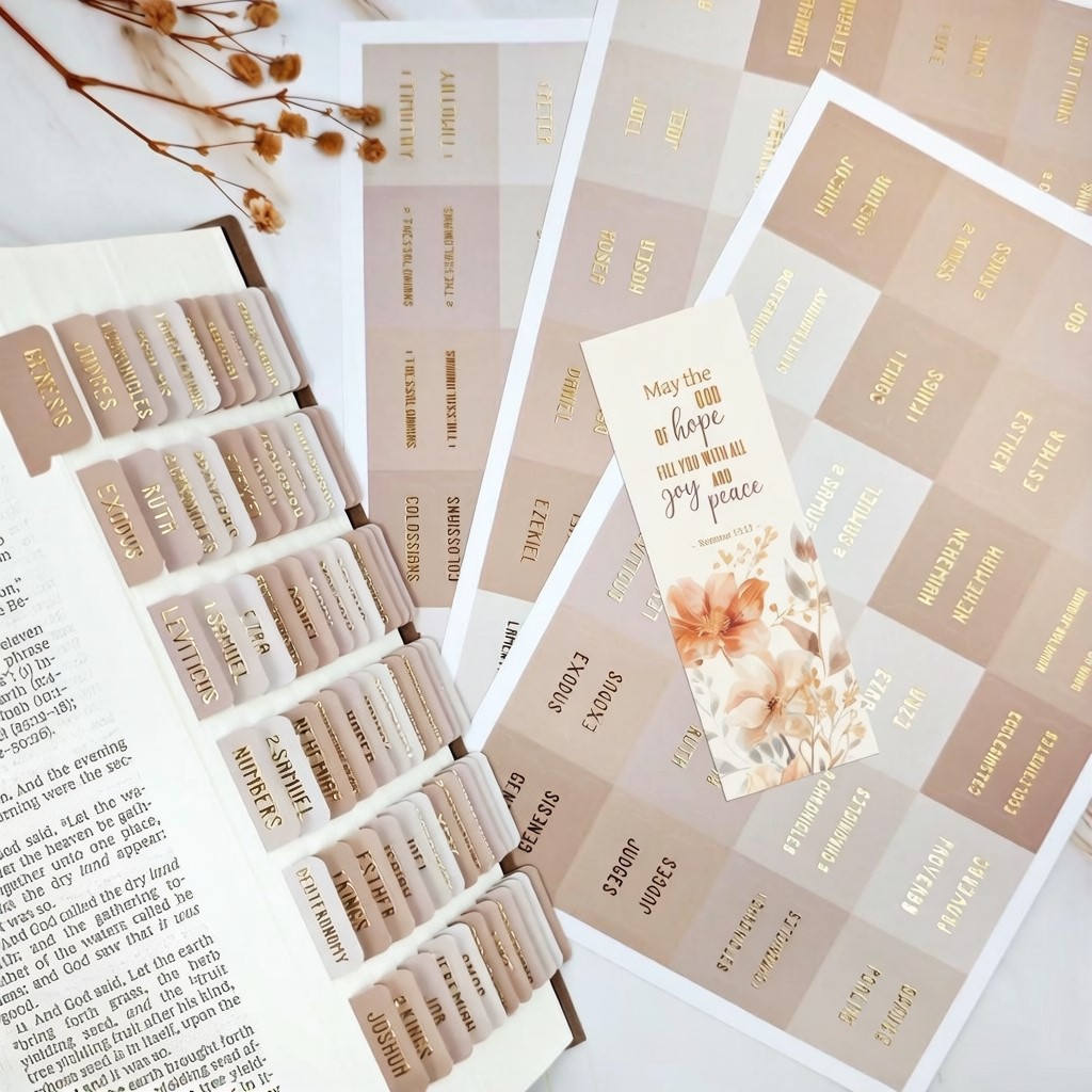 Khaki Embossed Letter Bible Index Tabs, Label Stickers for Book Classification, 6 Sheets/Set