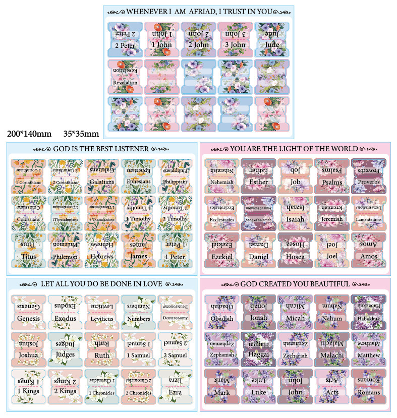 Small Floral Bible Index Tabs, Waterproof Label Stickers - 5 Sheets/Set