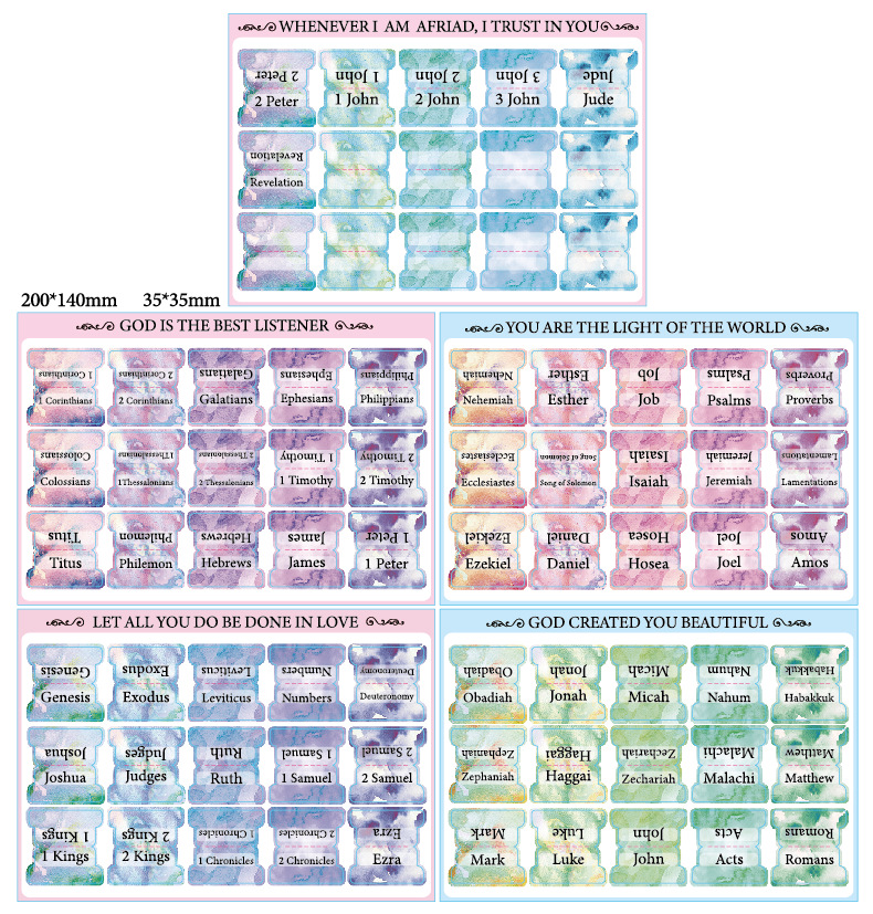 Watercolor Bible Index Tabs, Waterproof Label Stickers - 5 Sheets/Set
