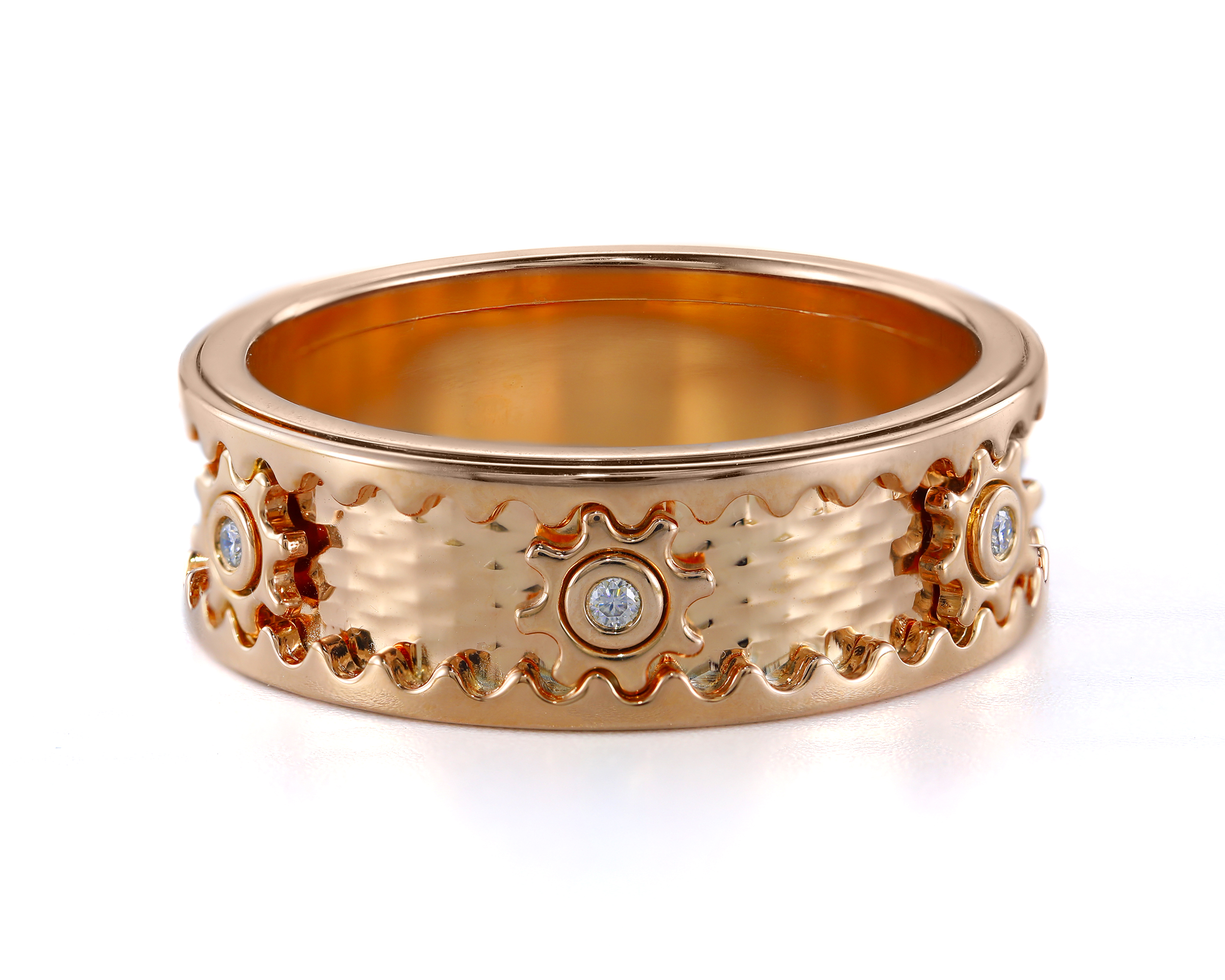 Moissanite Cogwheel Fidget Ring Plated with 14K White/Rose Gold, Anxiety Relief Spinner Ring for Men & Women, Calming Jewelry for Meditation