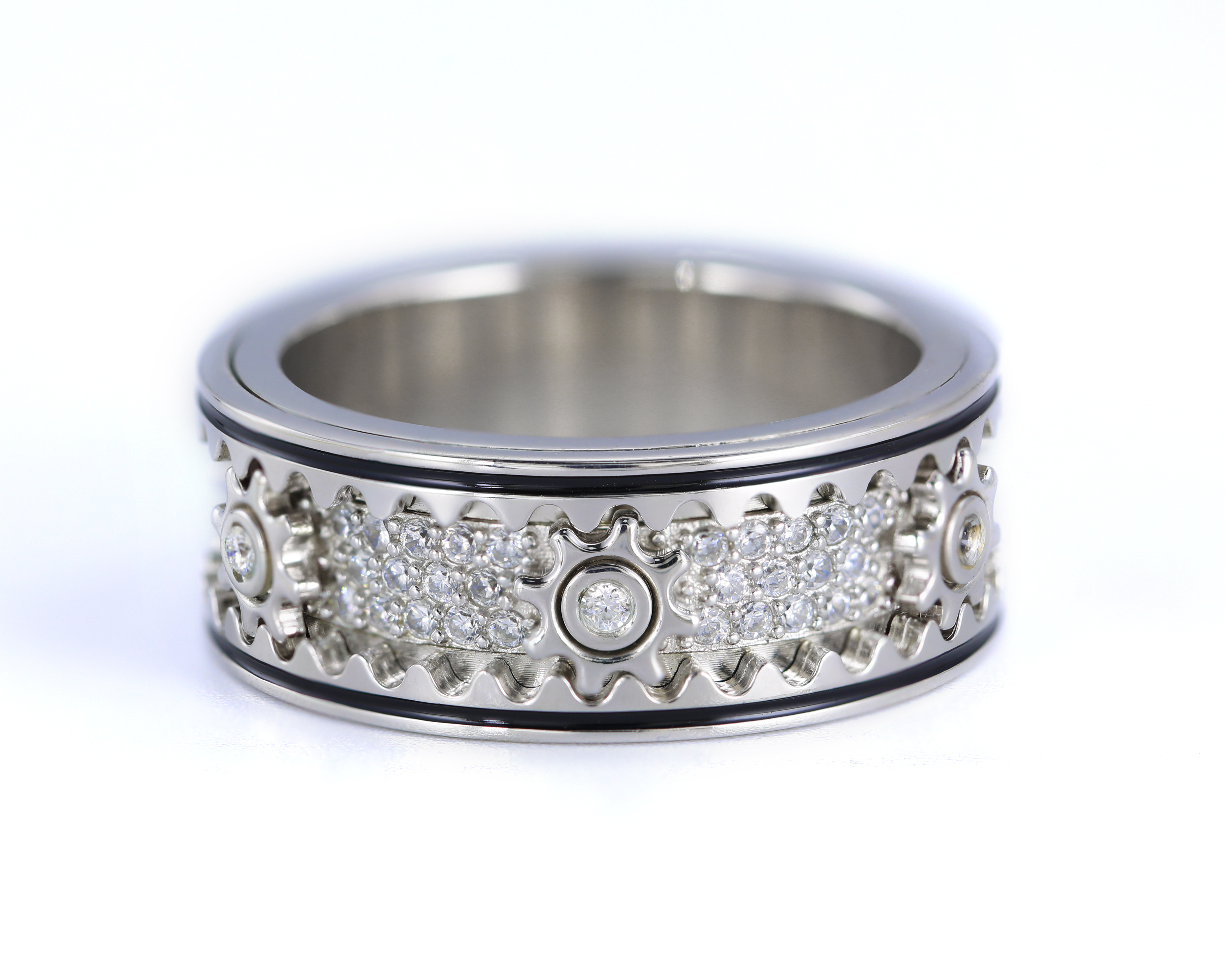 Sterling Silver Moissanite Cogwheel Fidget Ring Featuring Tungsten Plated with 14K White Gold, Anxiety Relief Spinner Ring For Men & Women