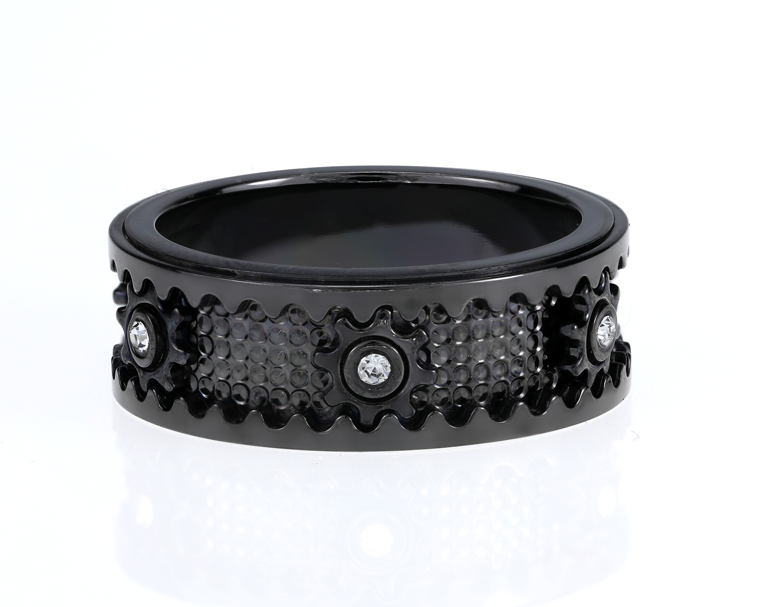 Moissanite Cogwheel Fidget Ring Plated with Black, Anxiety Relief Spinner Ring for Men & Women, Calming Jewelry for Meditation