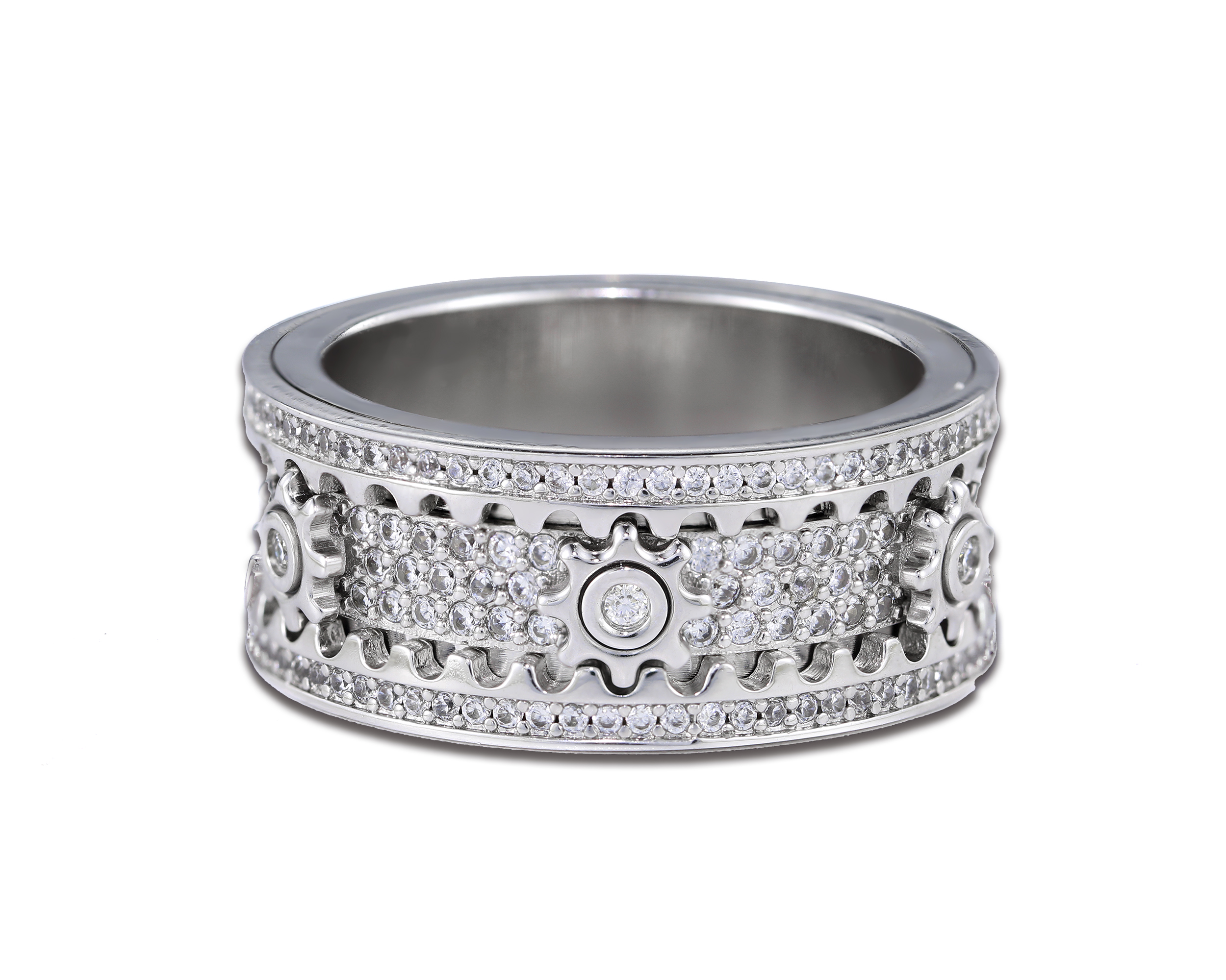 Moissanite Cogwheel Fidget Ring in Copper/Sterling Silver, Cubic Zirconia Spinner Ring For Men & Women, Anxiety Ring for Stress Relief