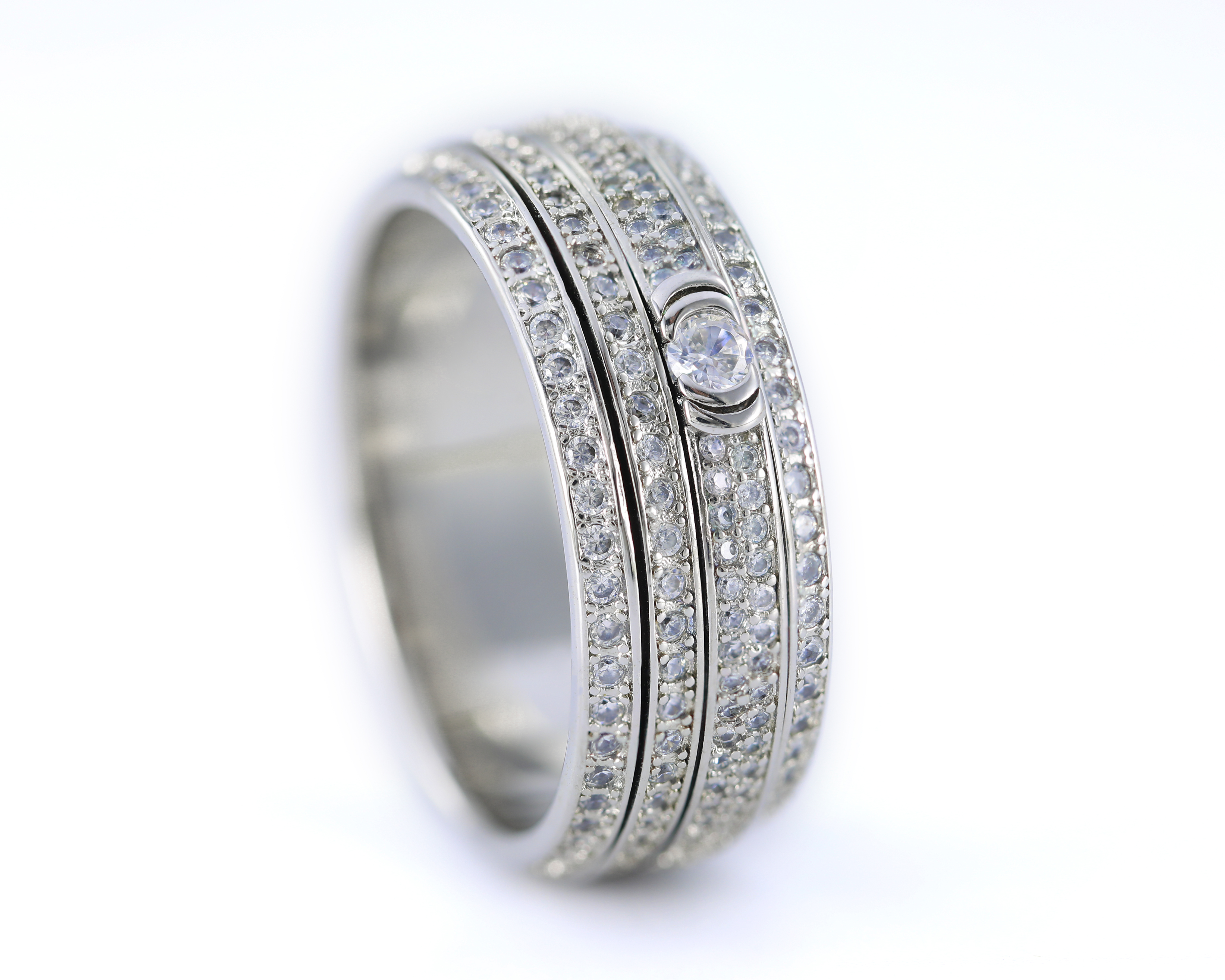 Elegant Iced Out Moissanite Double Spinner Ring with Cubic Zirconia, 925 Sterling Silver, Calming Meditation Band for Men & Women