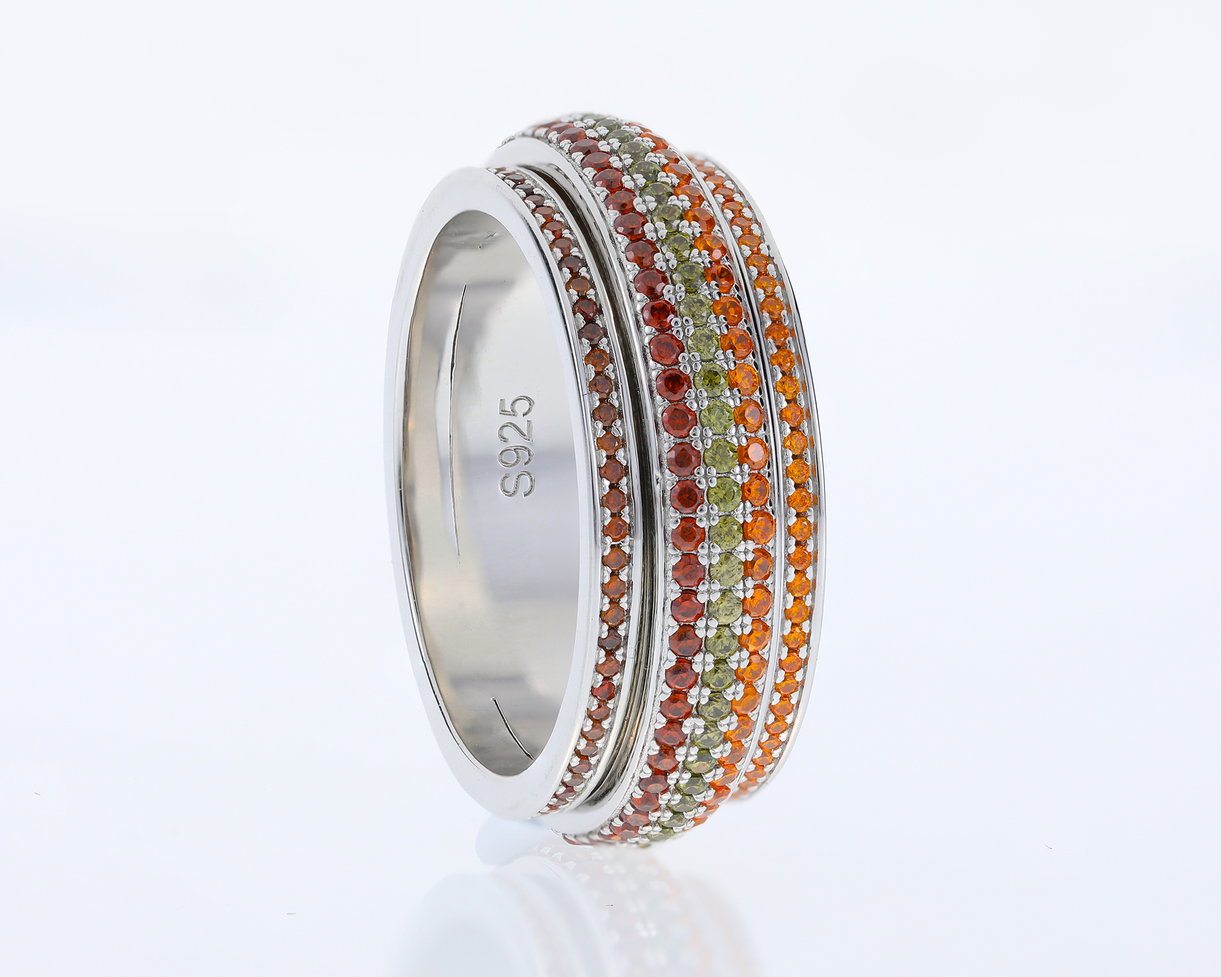 Spinner Fidget Ring/Iced Out Rainbow/Colorful 925 Sterling Silver