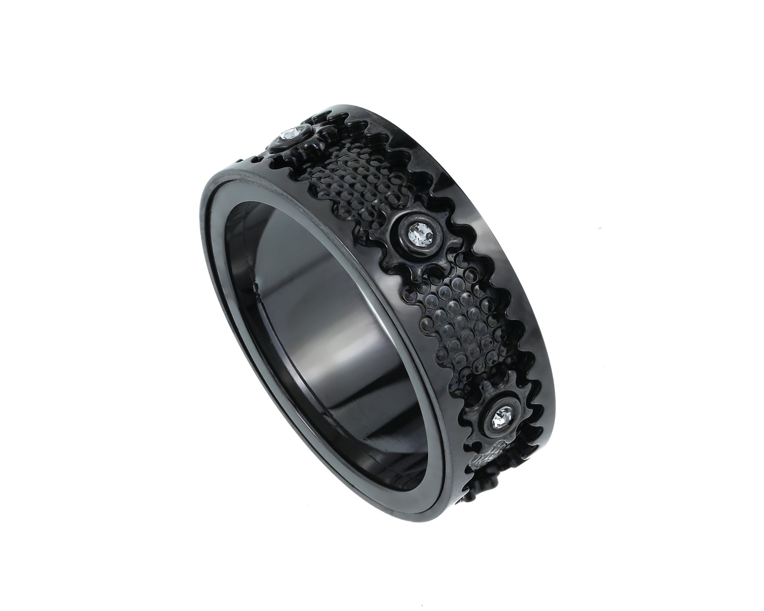 Moissanite Cogwheel Fidget Ring Plated with Black, Anxiety Relief Spinner Ring for Men & Women, Calming Jewelry for Meditation