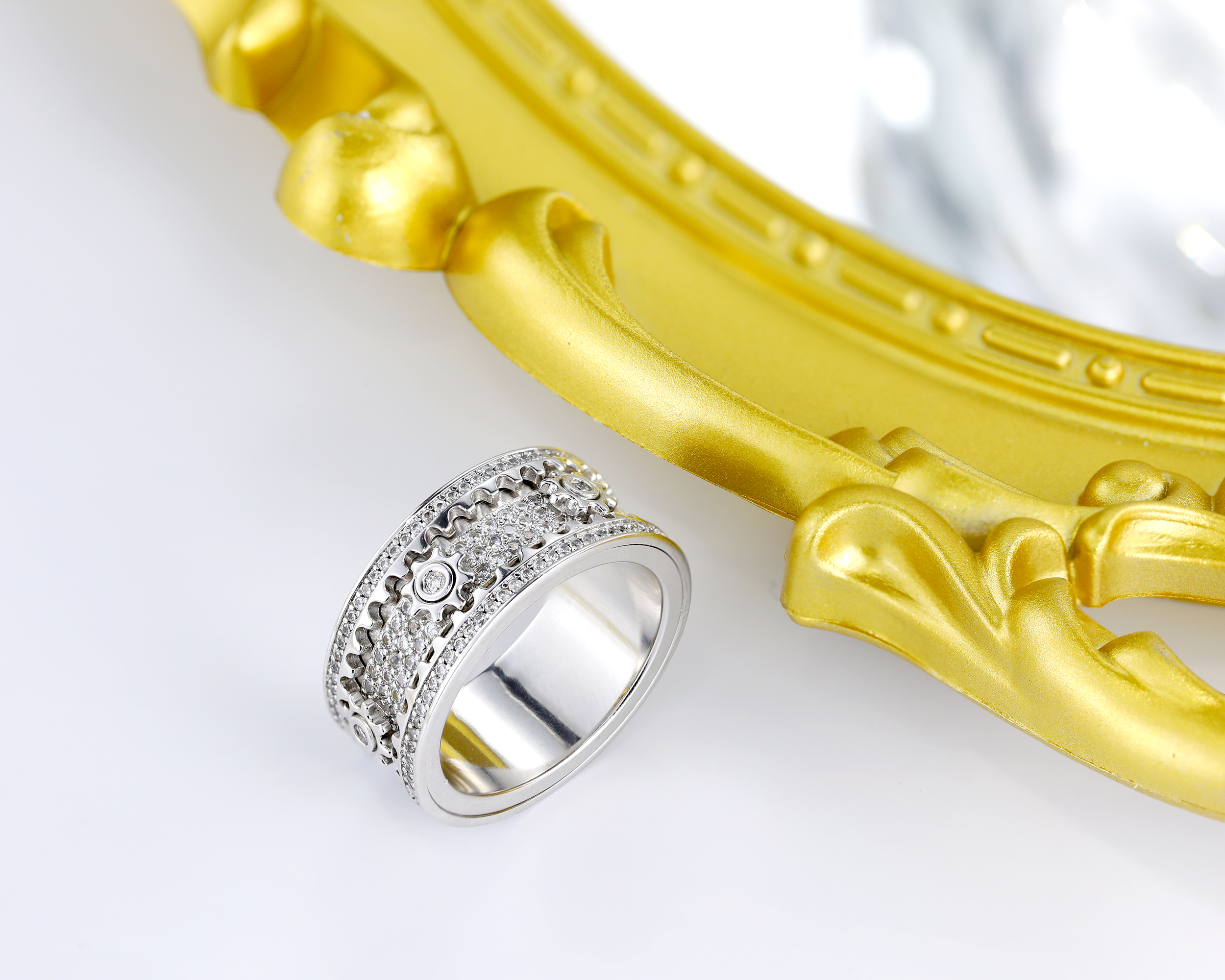 Moissanite Cogwheel Fidget Ring in Copper/Sterling Silver, Cubic Zirconia Spinner Ring For Men & Women, Anxiety Ring for Stress Relief