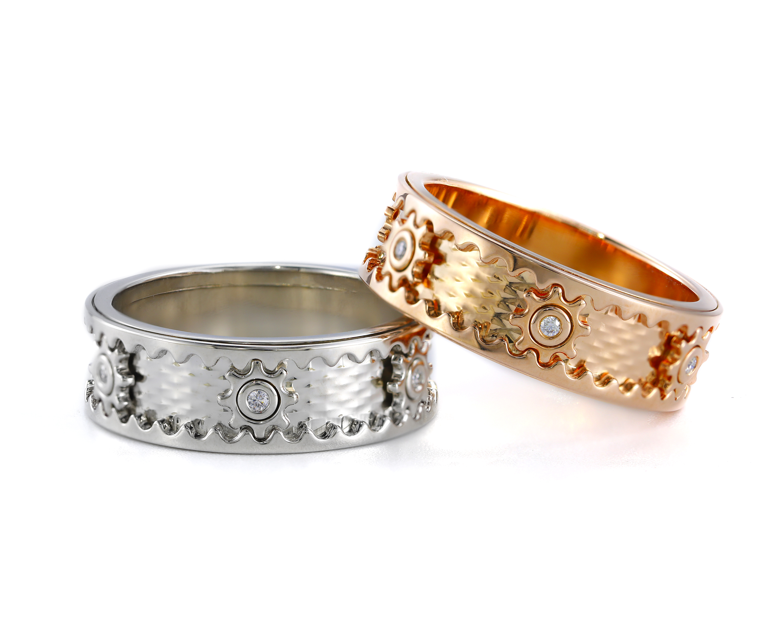 Moissanite Cogwheel Fidget Ring Plated with 14K White/Rose Gold, Anxiety Relief Spinner Ring for Men & Women, Calming Jewelry for Meditation