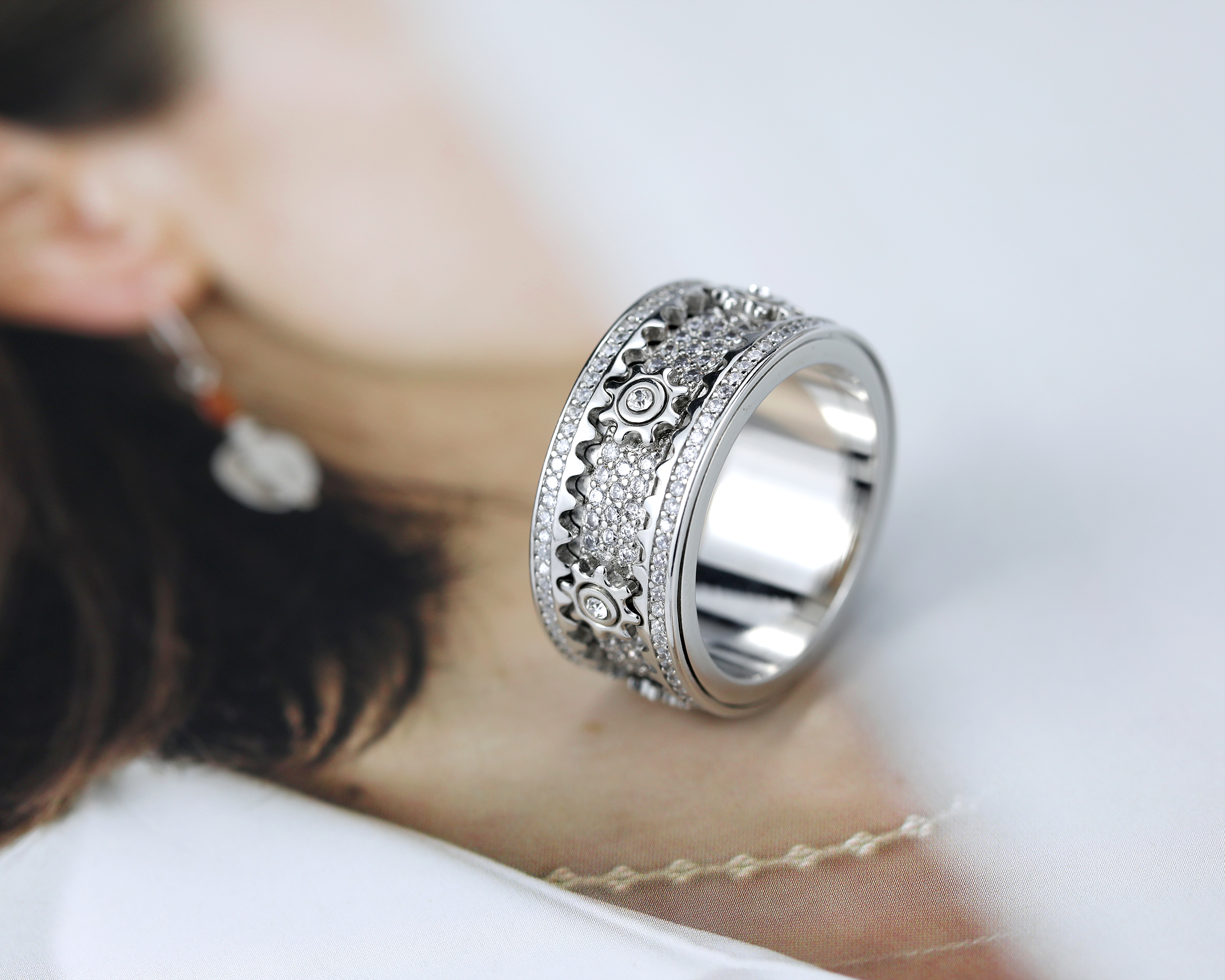 Moissanite Cogwheel Fidget Ring in Copper/Sterling Silver, Cubic Zirconia Spinner Ring For Men & Women, Anxiety Ring for Stress Relief