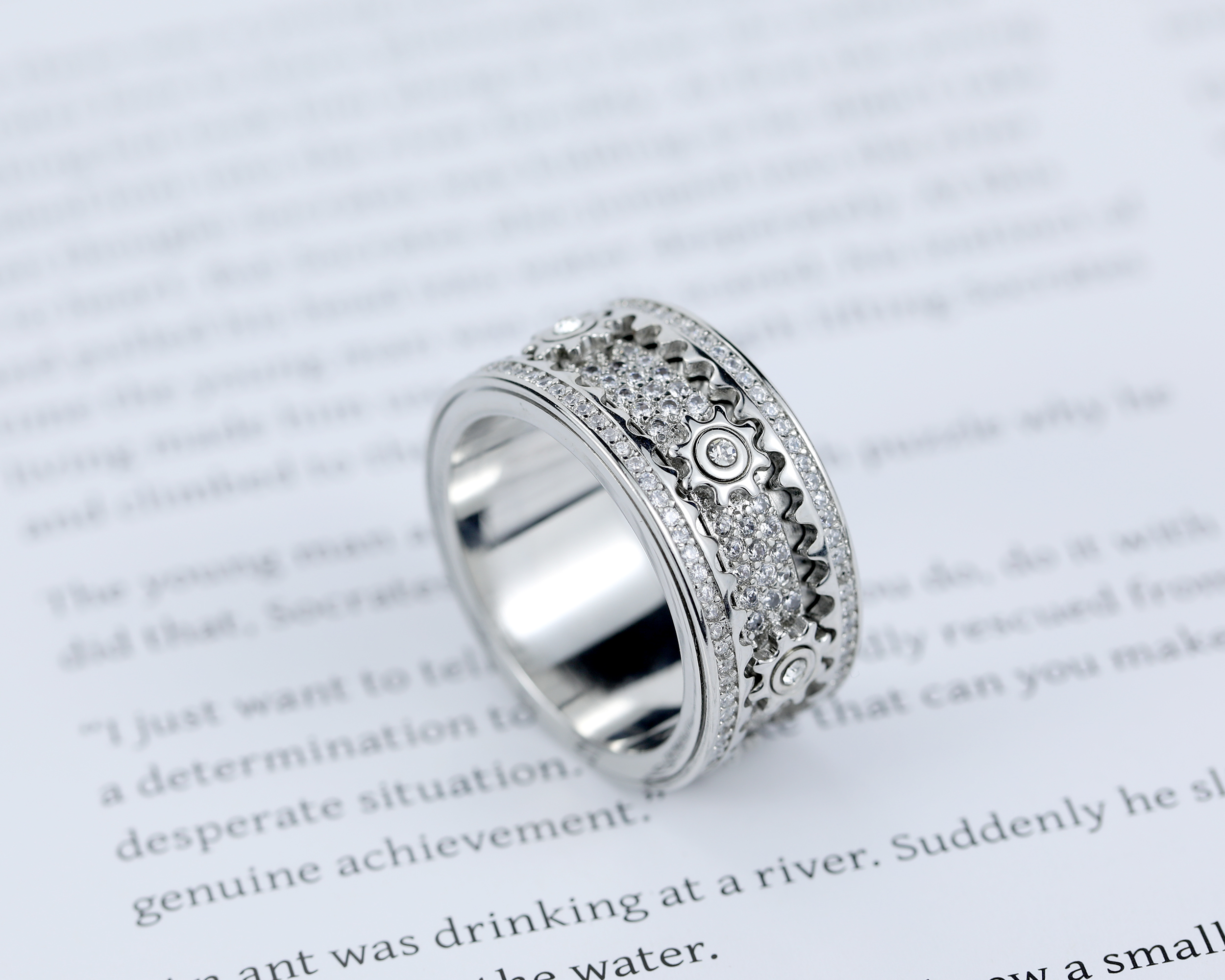 Moissanite Cogwheel Fidget Ring in Copper/Sterling Silver, Cubic Zirconia Spinner Ring For Men & Women, Anxiety Ring for Stress Relief