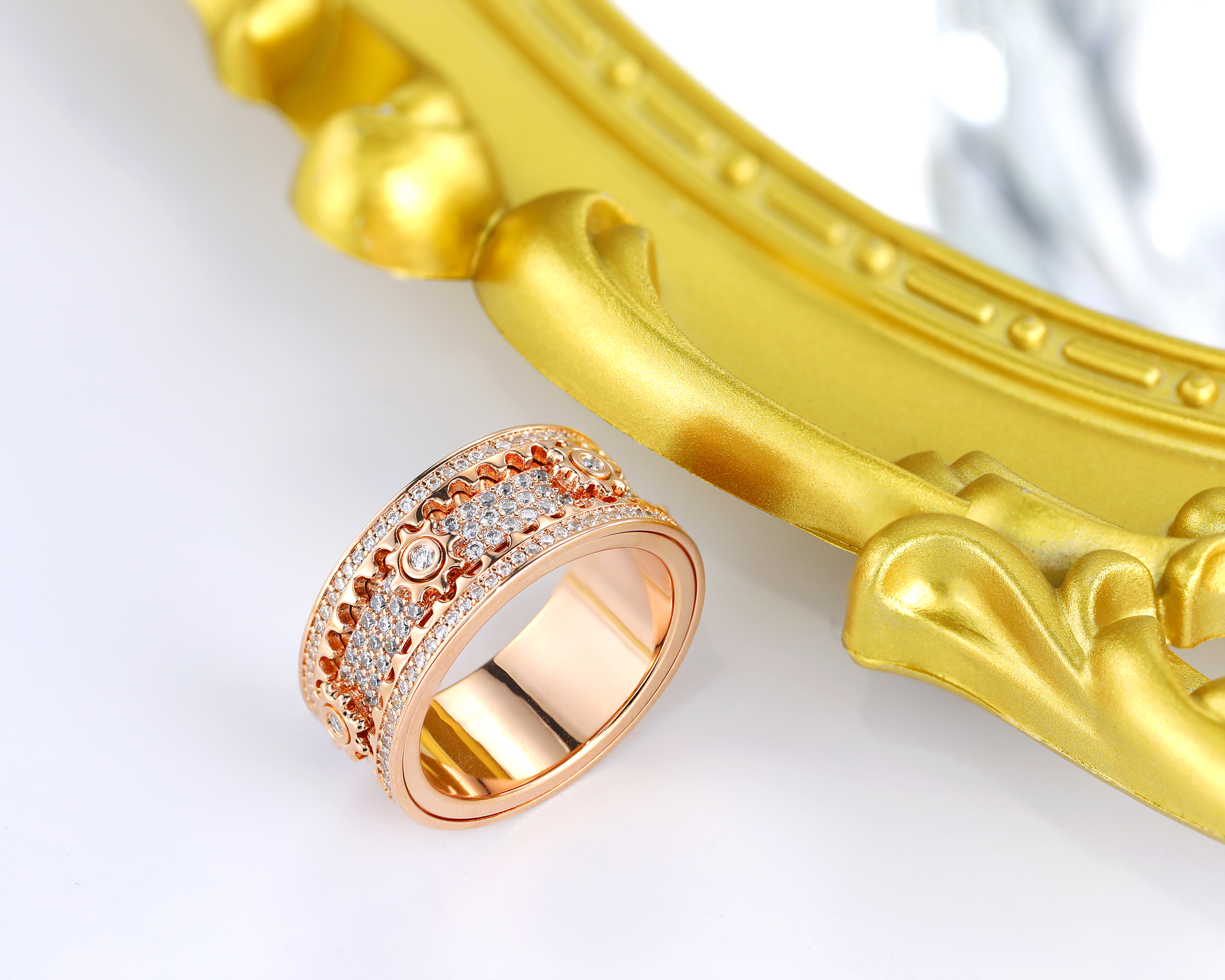 Moissanite Cogwheel Fidget Ring in Copper/Sterling Silver, Cubic Zirconia Spinner Ring For Men & Women, Anxiety Ring for Stress Relief