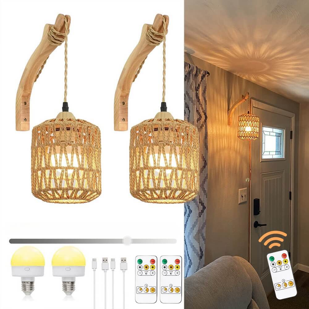 Wireless Bamboo Rattan Wall Light(2 Packs)