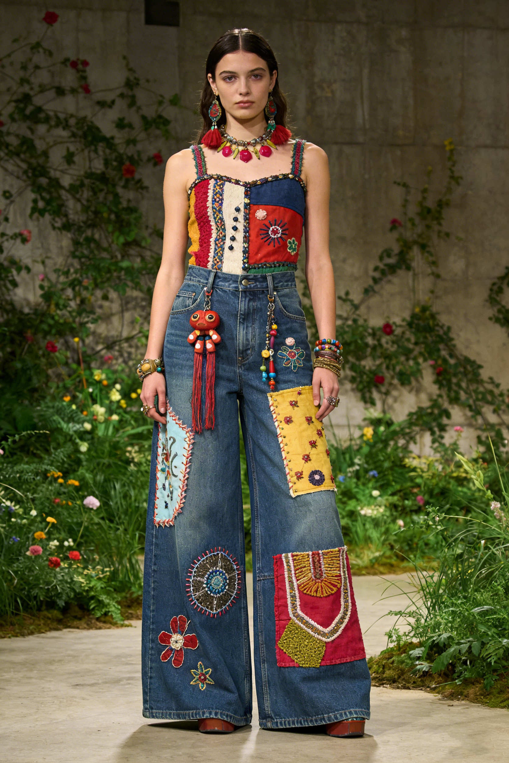 Boho Folk‑Art Embroidered Patchwork Wide Leg Jeans