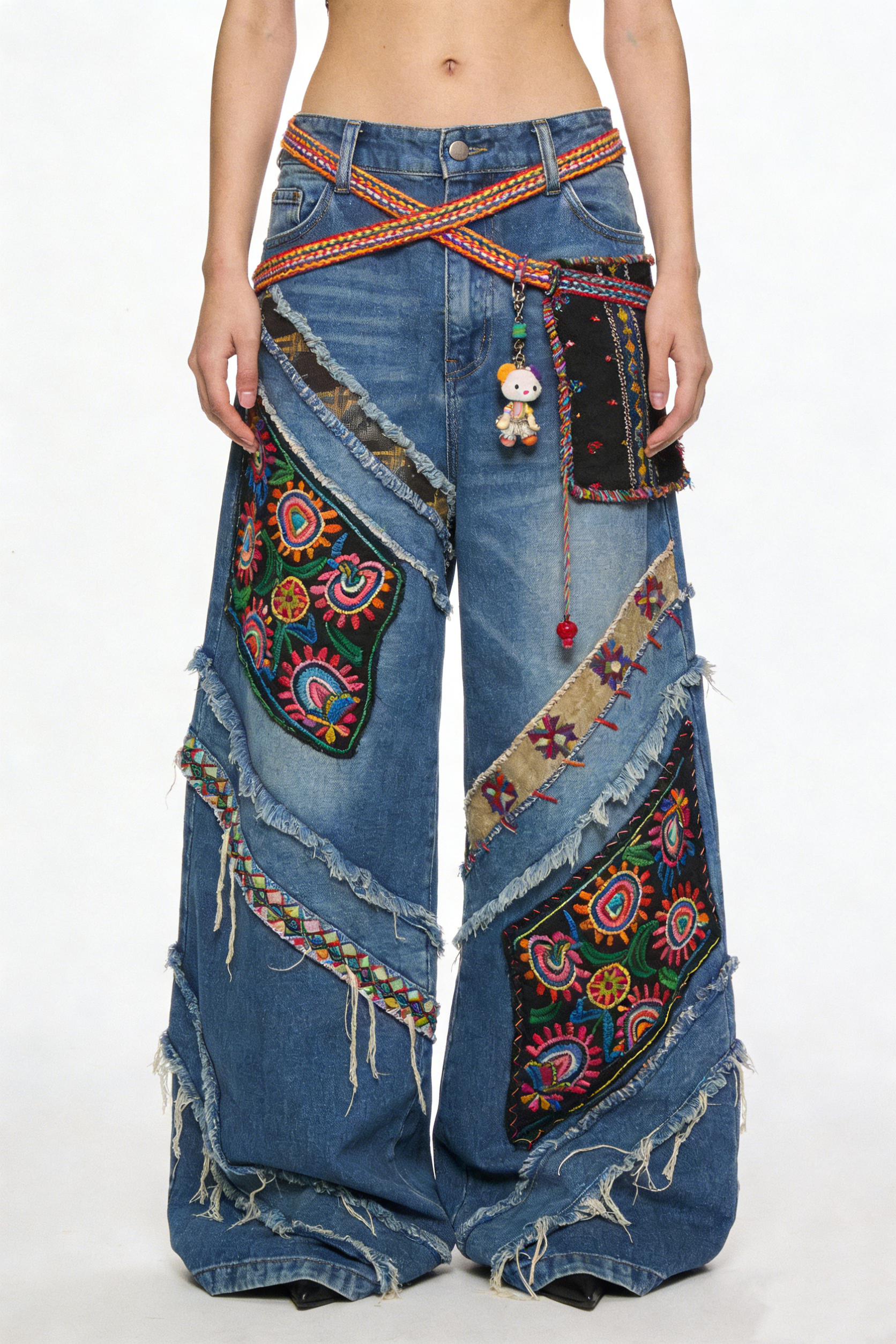 Tribal Patchwork Wide Leg Jeans with Embroidered Pouch