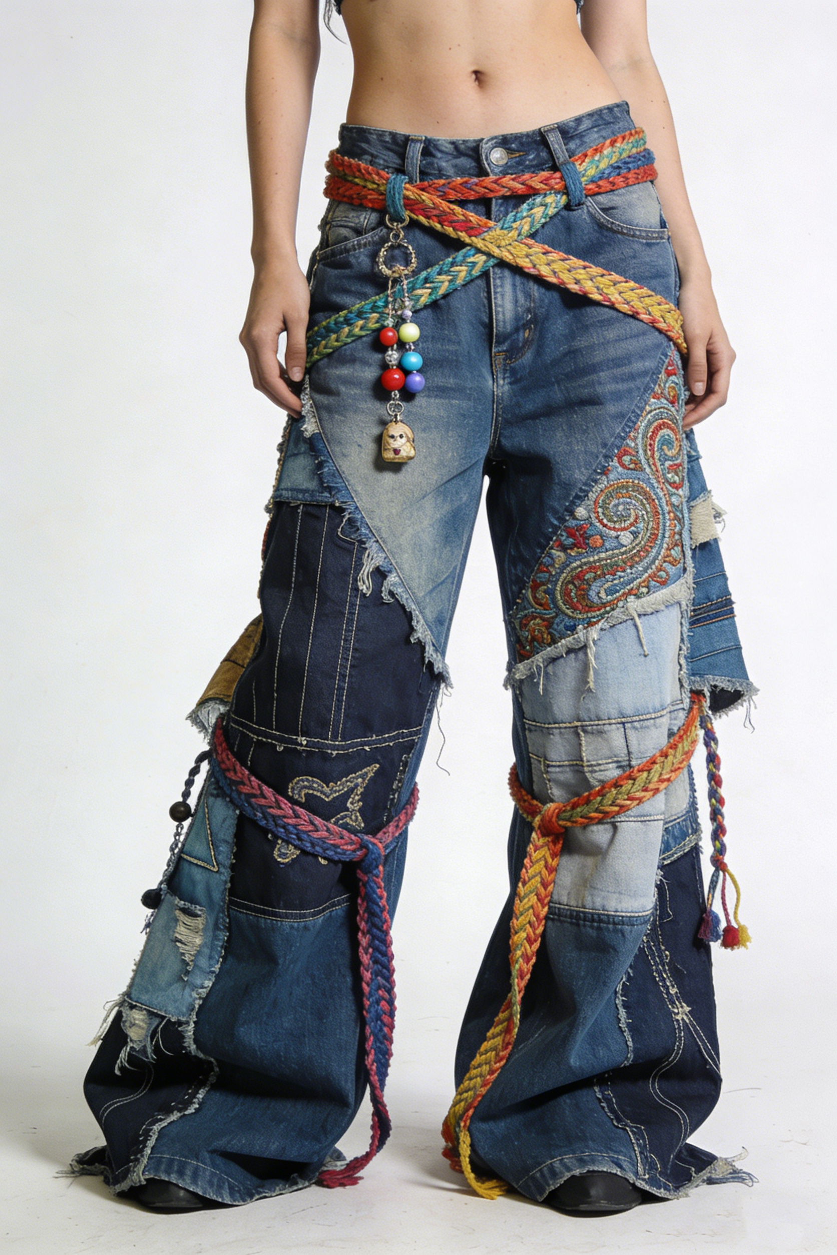 Artisan Patchwork Wide Leg Jeans with Rope Belt