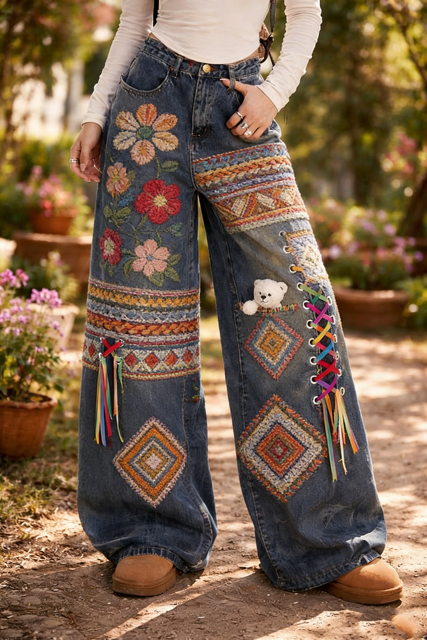 Color-Embroidered Patchwork Wide-Leg Jeans