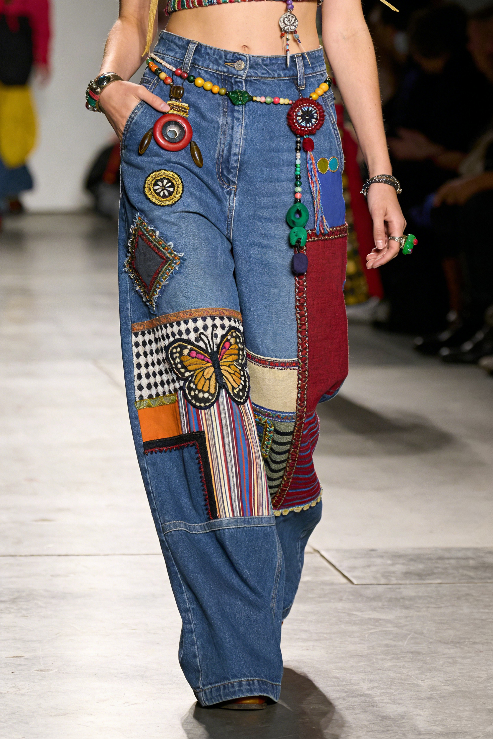 Butterfly Patchwork Wide Leg Jeans with Beaded Belt