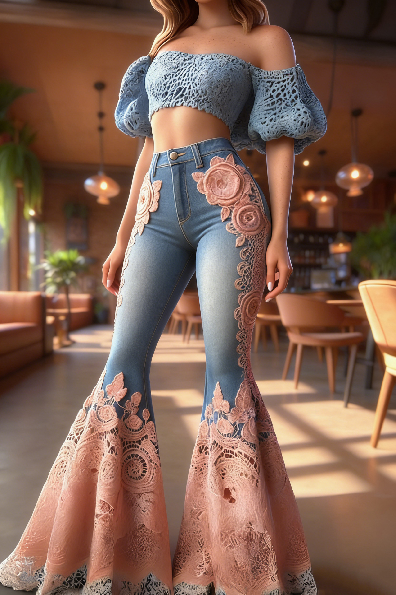 Romantic Lace‑Panel Denim Flare Pants