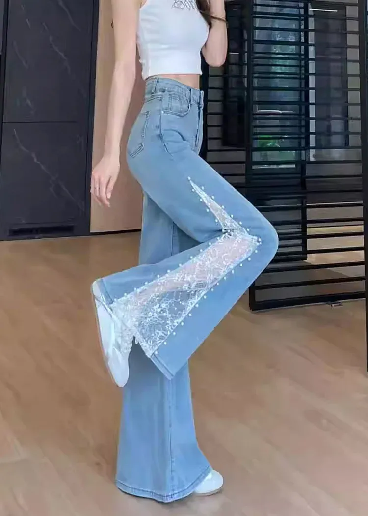 Lace‑Trim Pearl Wide Leg Jeans