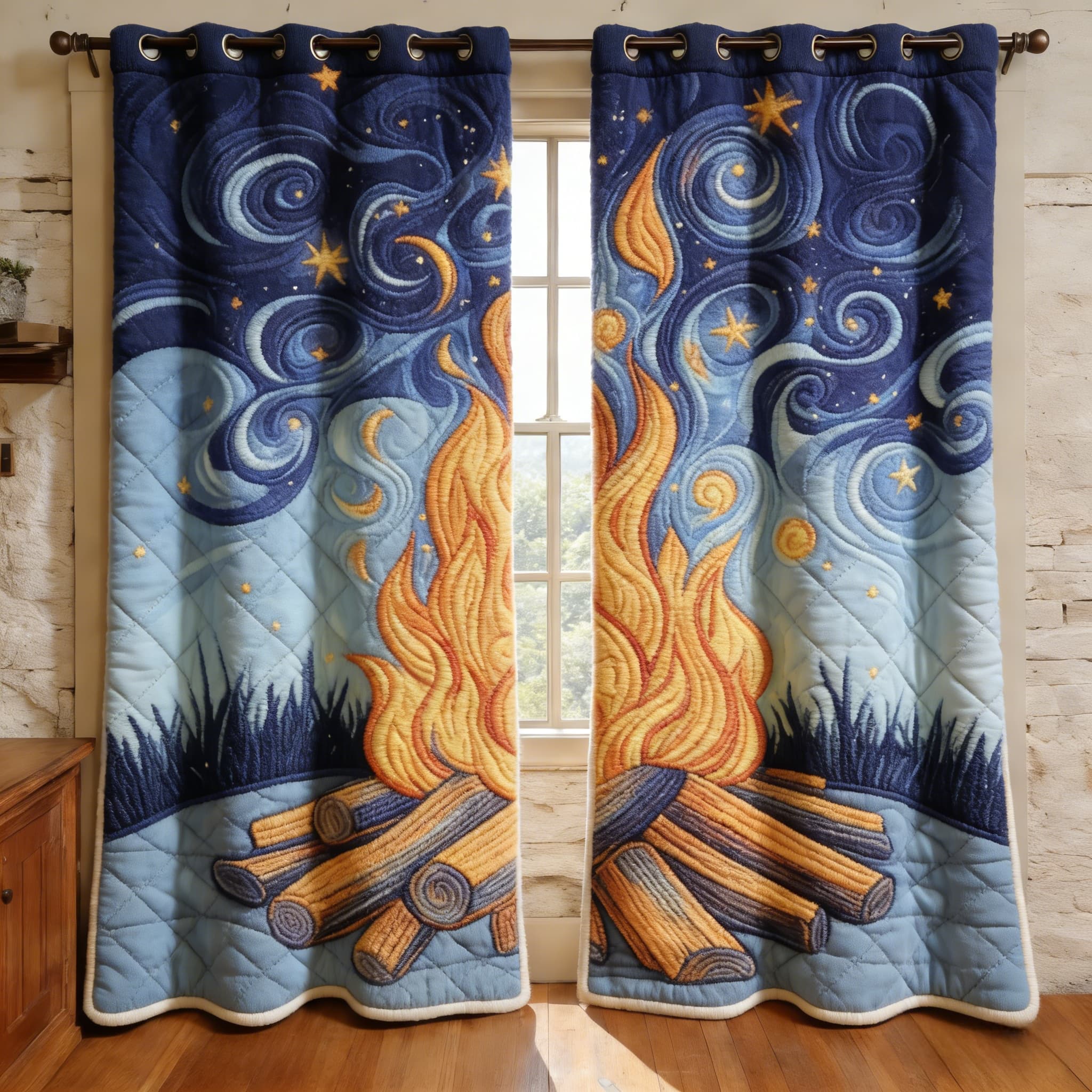 Starry Night Campfire Embroidered Knitwear Quilted Curtains