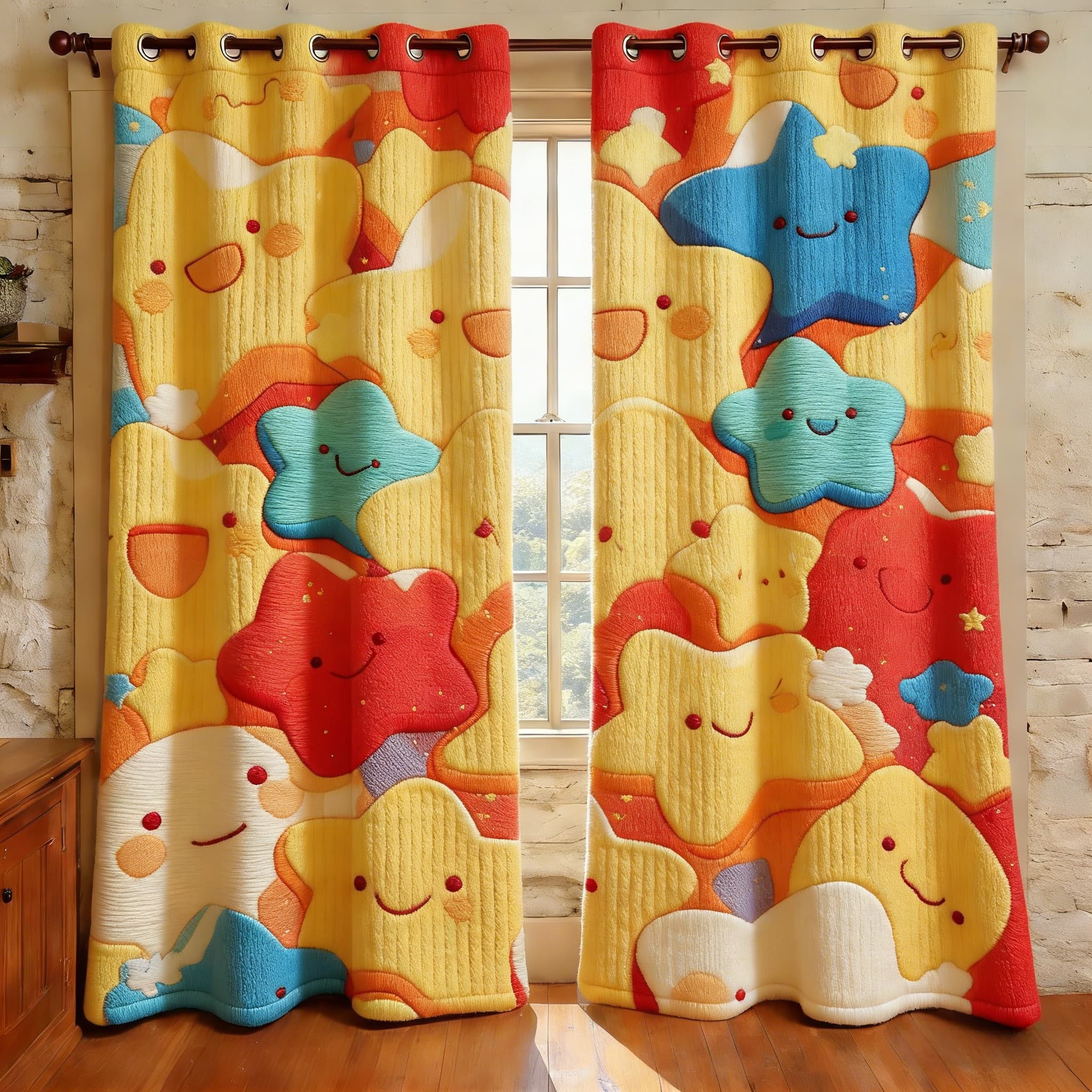 Cheerful Colorful Stars & Clouds Kids Embroidered Knitwear Quilted Curtains
