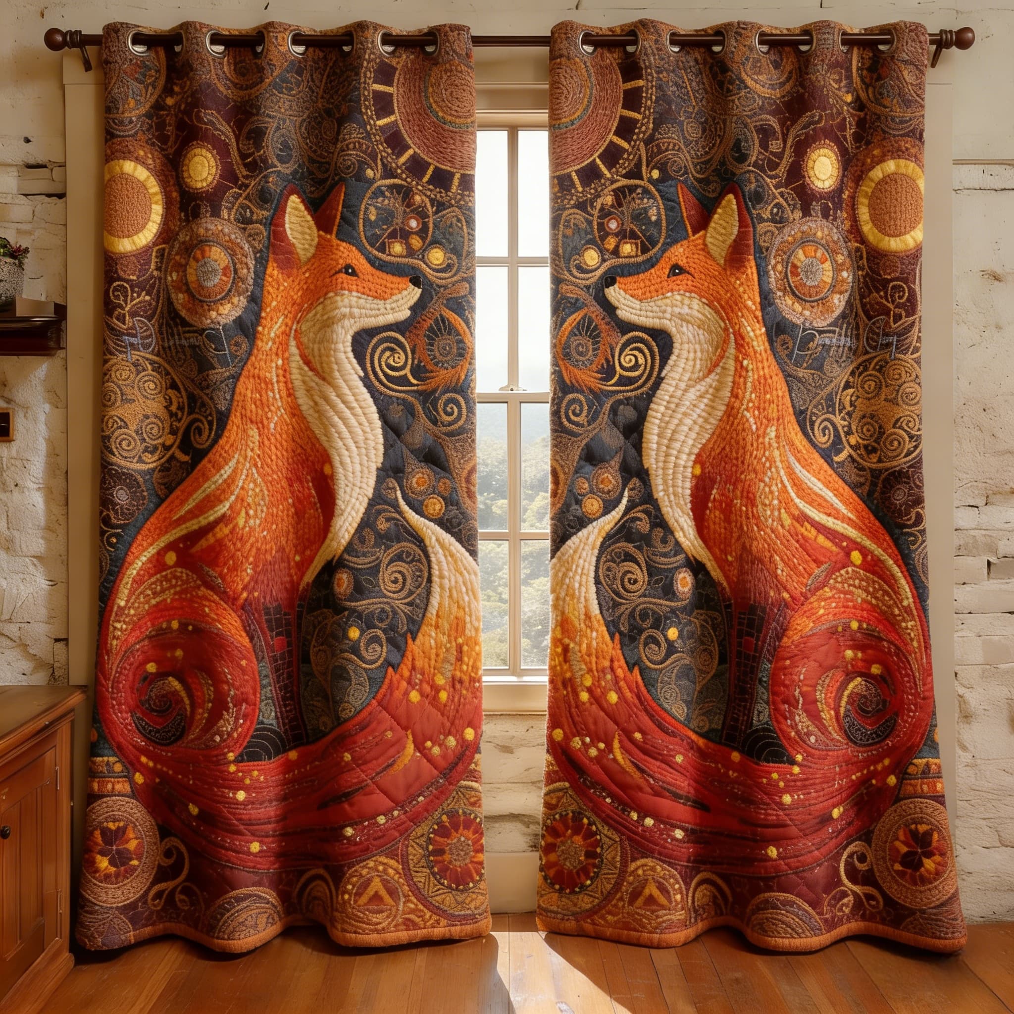 Steampunk Fox & Cosmic Swirl Embroidered Knitwear Quilted Curtains