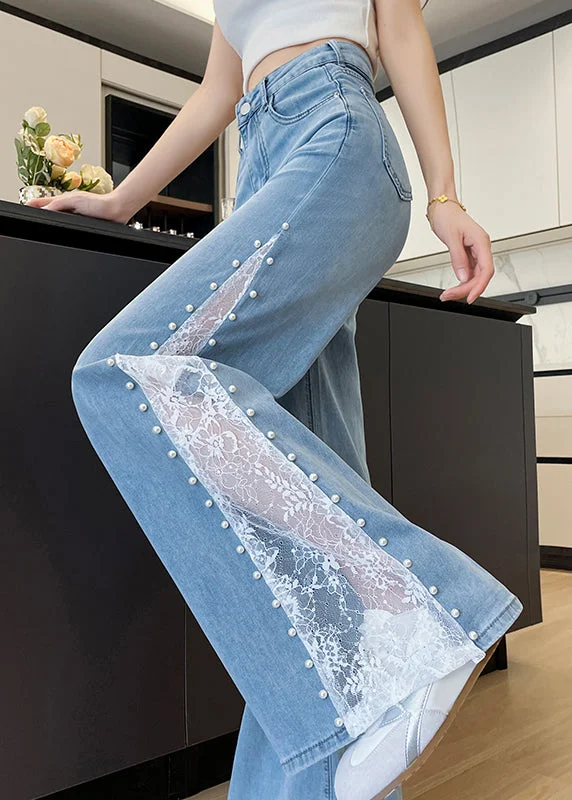 Lace‑Trim Pearl Wide Leg Jeans
