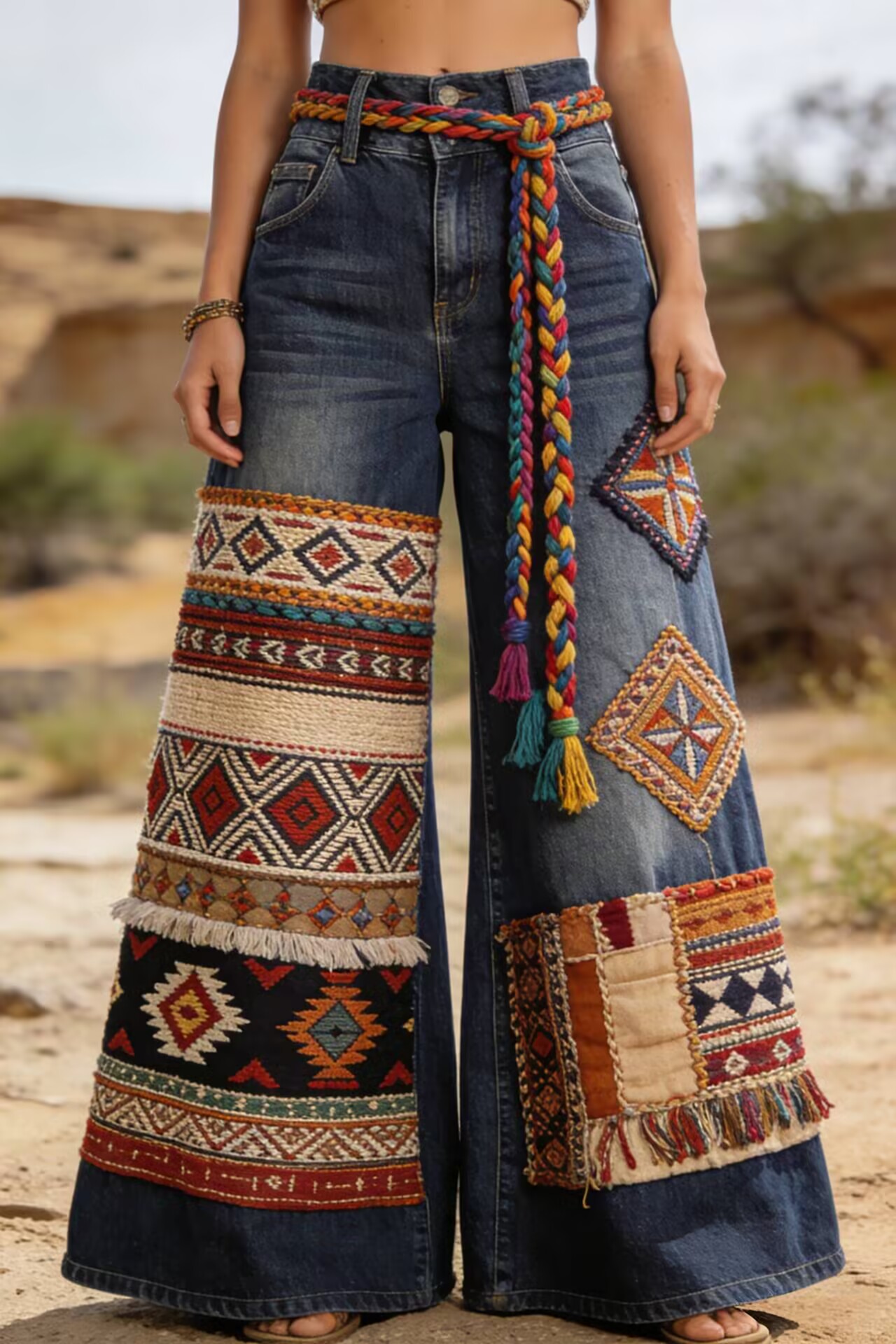 tribal‑patchwork wide‑leg denim jeans.
